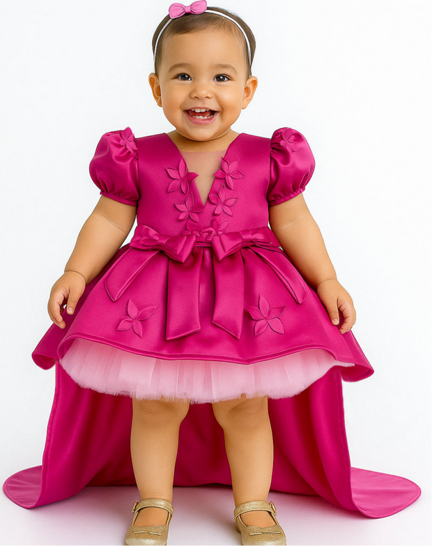 Fuchsia Pink Floral Satin Bow Dress