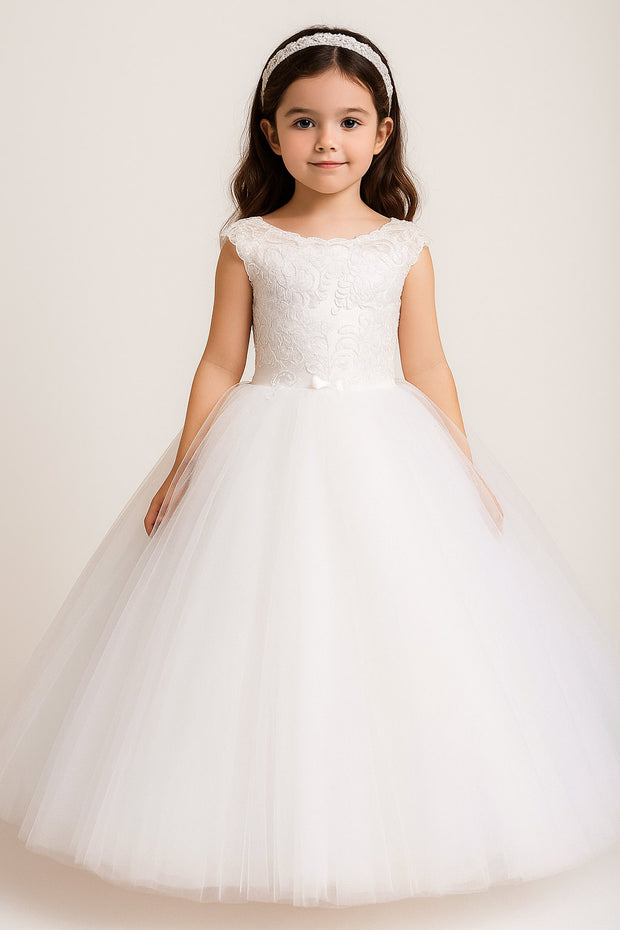  Bitsy white lace flower girl dress with floral appliqués