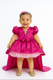 Fuchsia Pink Floral Satin Bow Dress