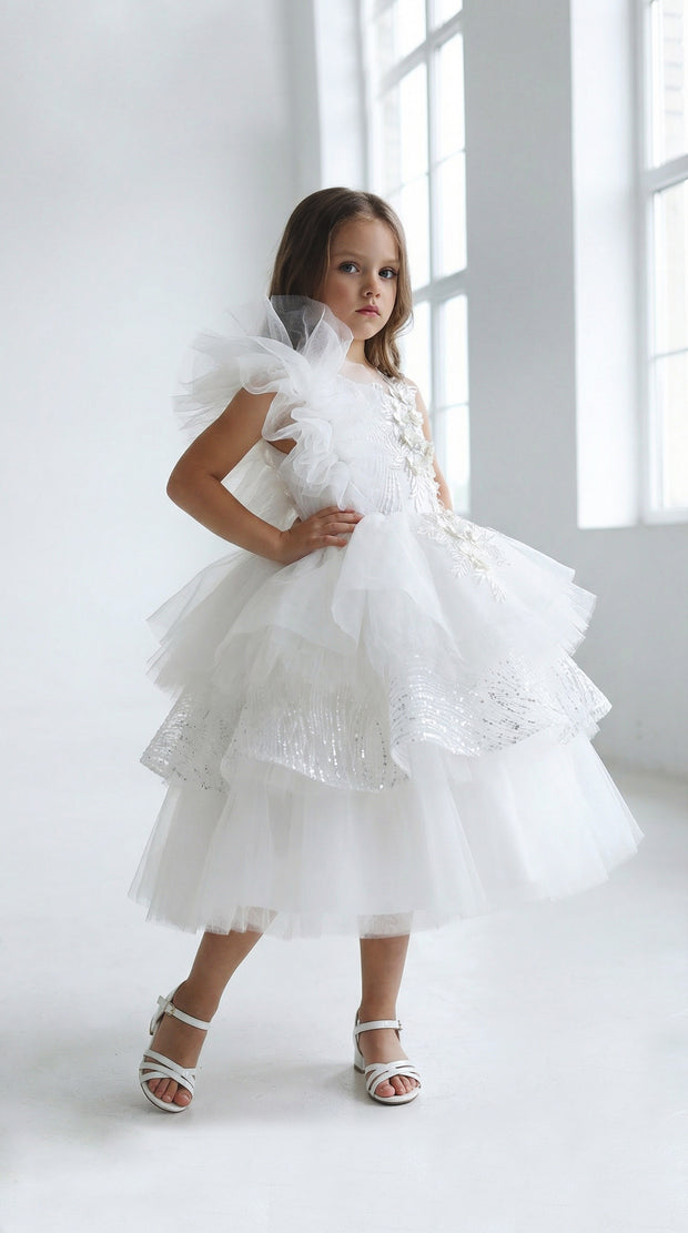 Coast to Coast White Flower Girl dress- Tea Length Beaded Lace Dress 14yrs / Beige