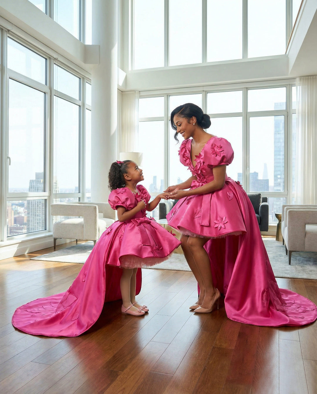 Mommy & Me Fuchsia Pink Floral Satin Bow Dress 3T / S / White